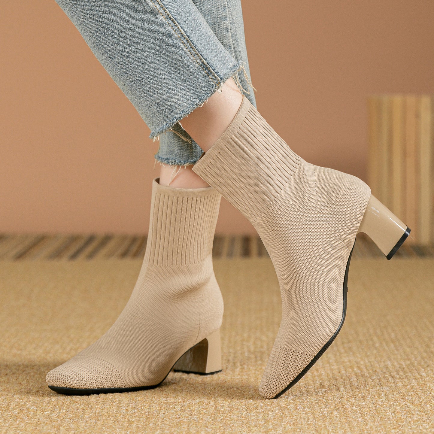 Bottes à talon épais élastiques en tricot