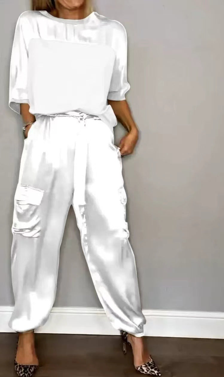 Ensemble Satin Lisse Femme - Pantalon Court Décontracté