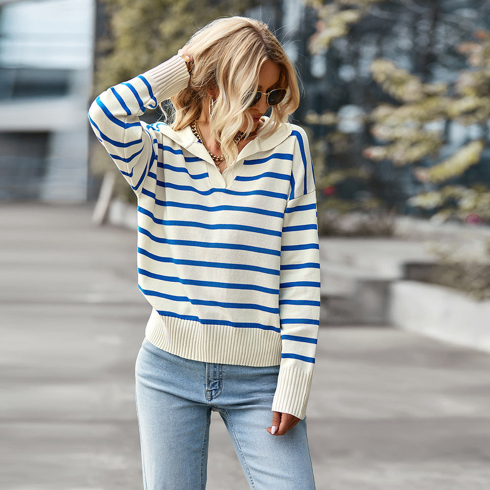 Pull Femme Rayé à Manches Longues - Décontracté en V Bloc Couleur