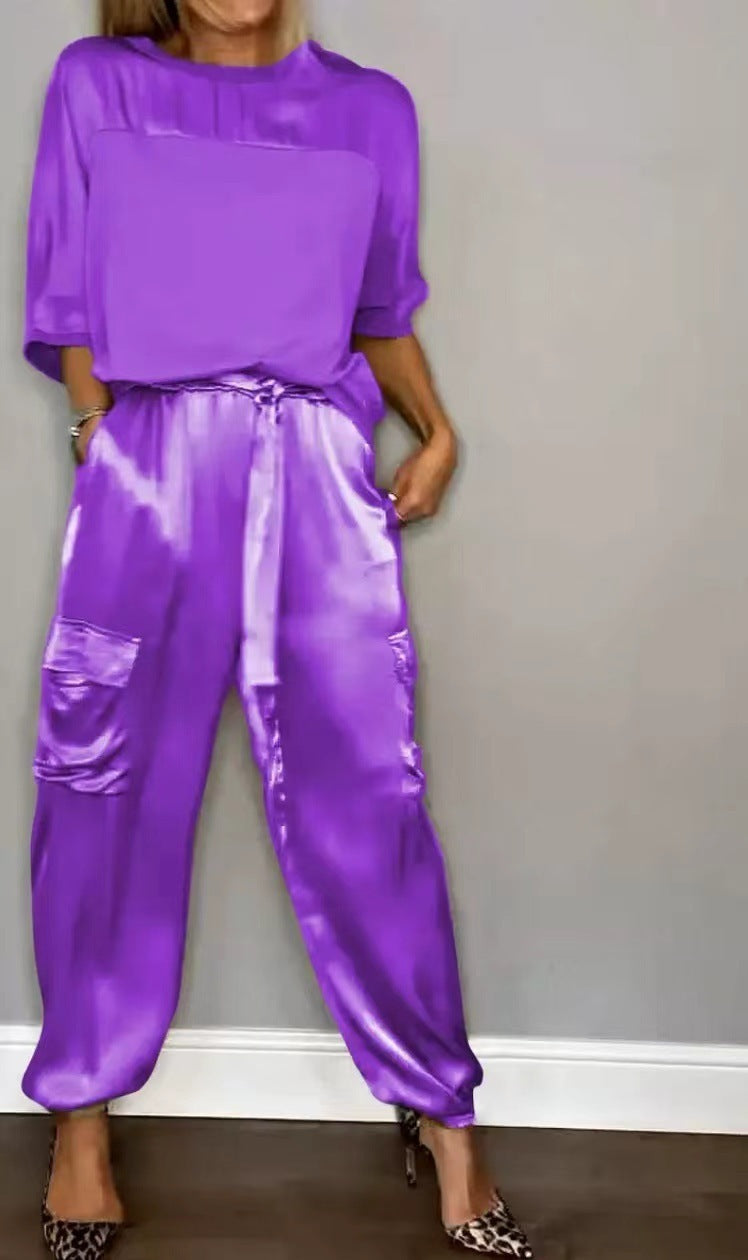 Ensemble Satin Lisse Femme - Pantalon Court Décontracté