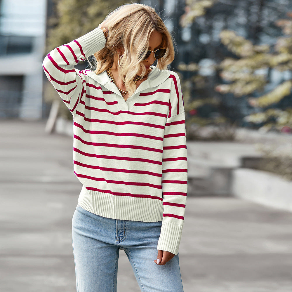 Pull Femme Rayé à Manches Longues - Décontracté en V Bloc Couleur