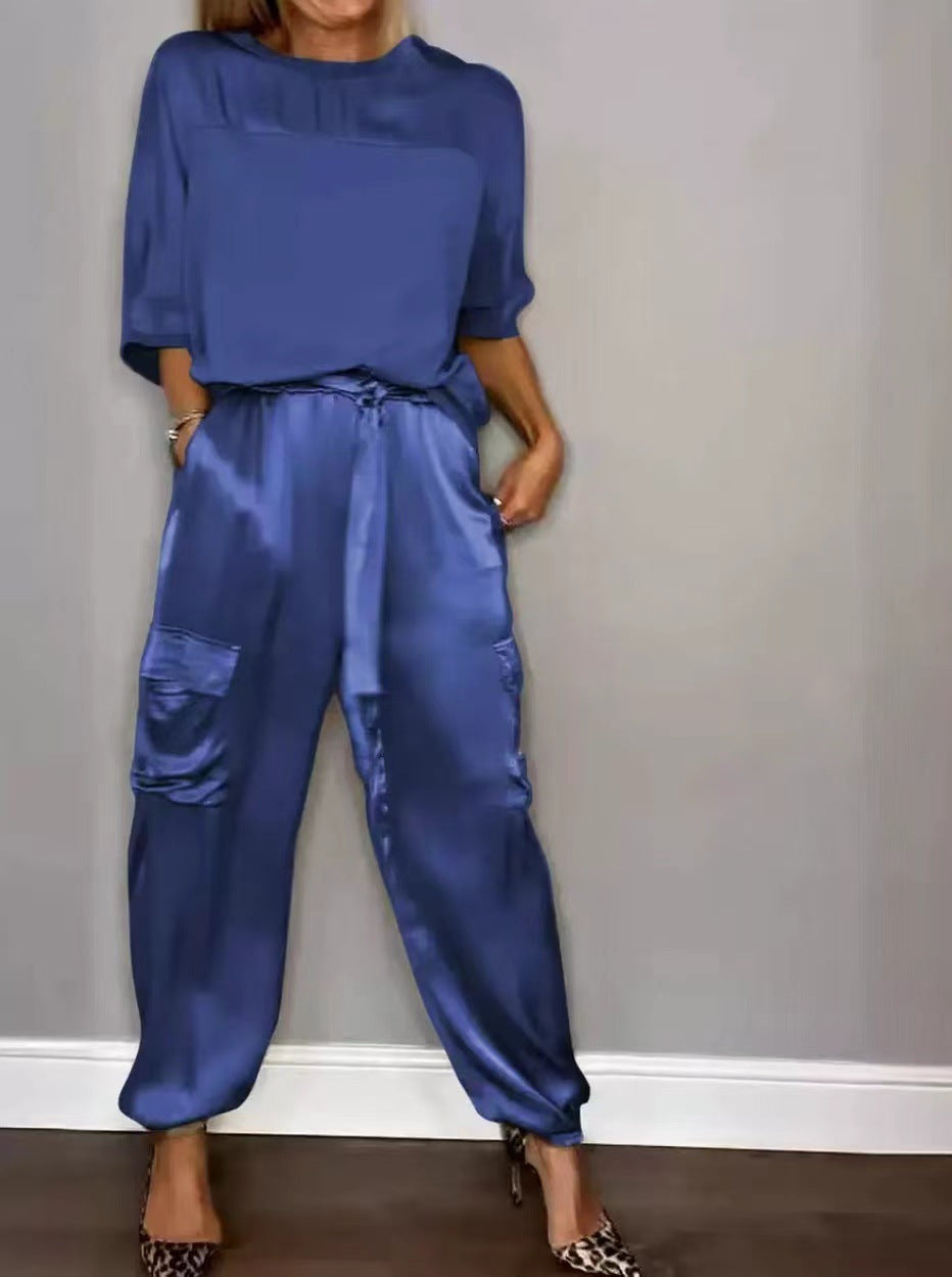 Ensemble Satin Lisse Femme - Pantalon Court Décontracté