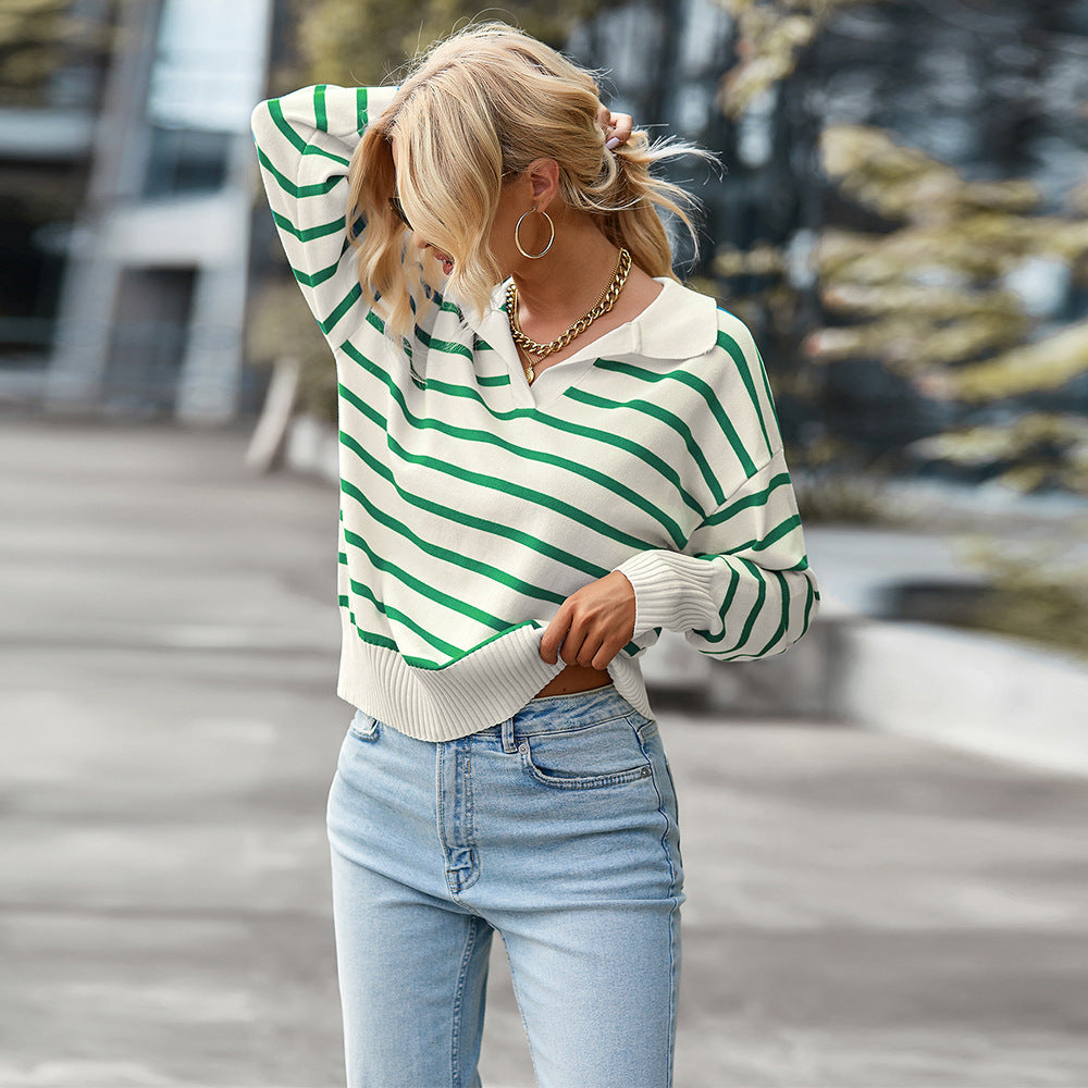 Pull Femme Rayé à Manches Longues - Décontracté en V Bloc Couleur