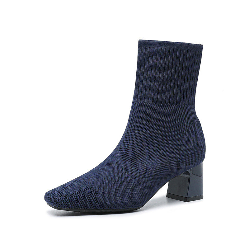 Bottes à talon épais élastiques en tricot