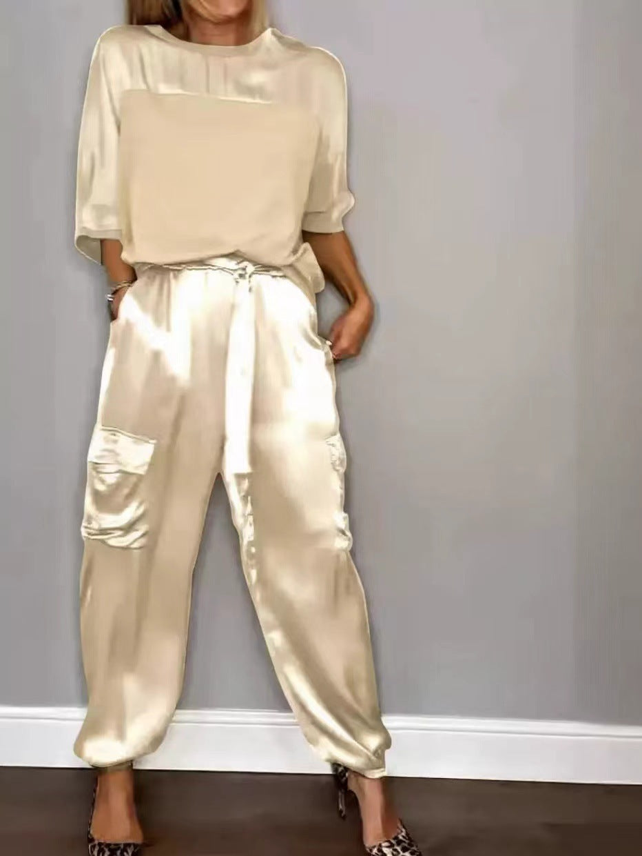 Ensemble Satin Lisse Femme - Pantalon Court Décontracté