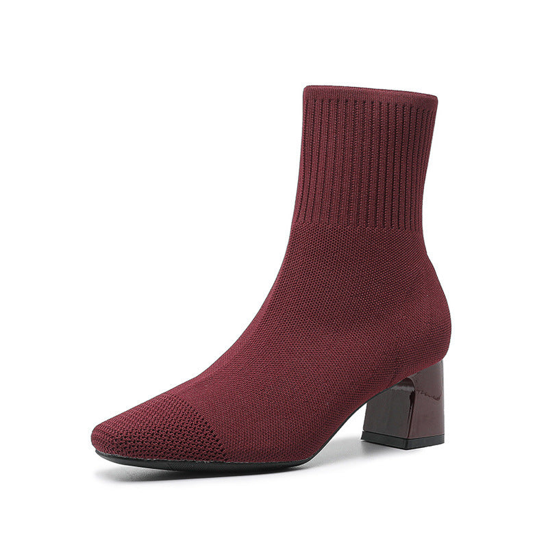 Bottes à talon épais élastiques en tricot