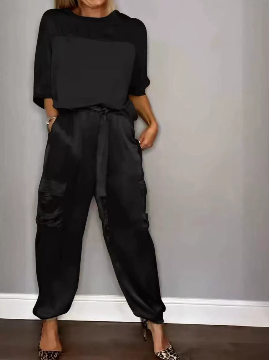Ensemble Satin Lisse Femme - Pantalon Court Décontracté