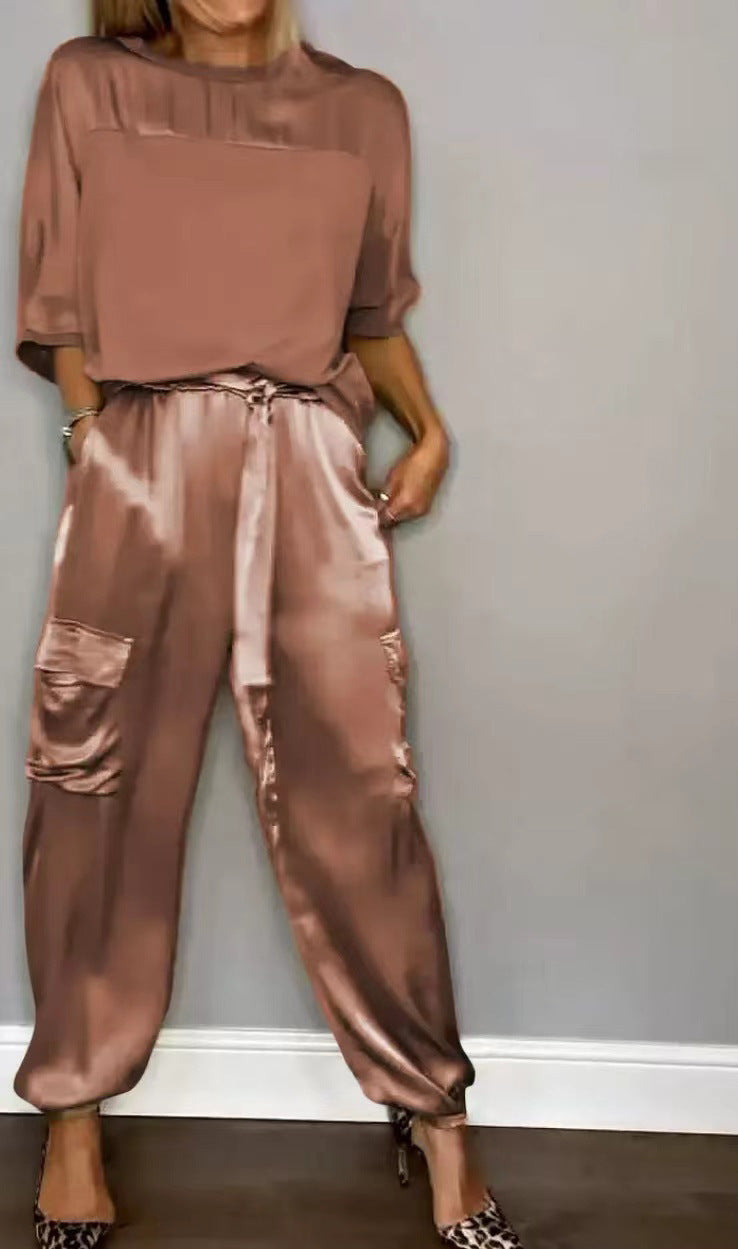 Ensemble Satin Lisse Femme - Pantalon Court Décontracté