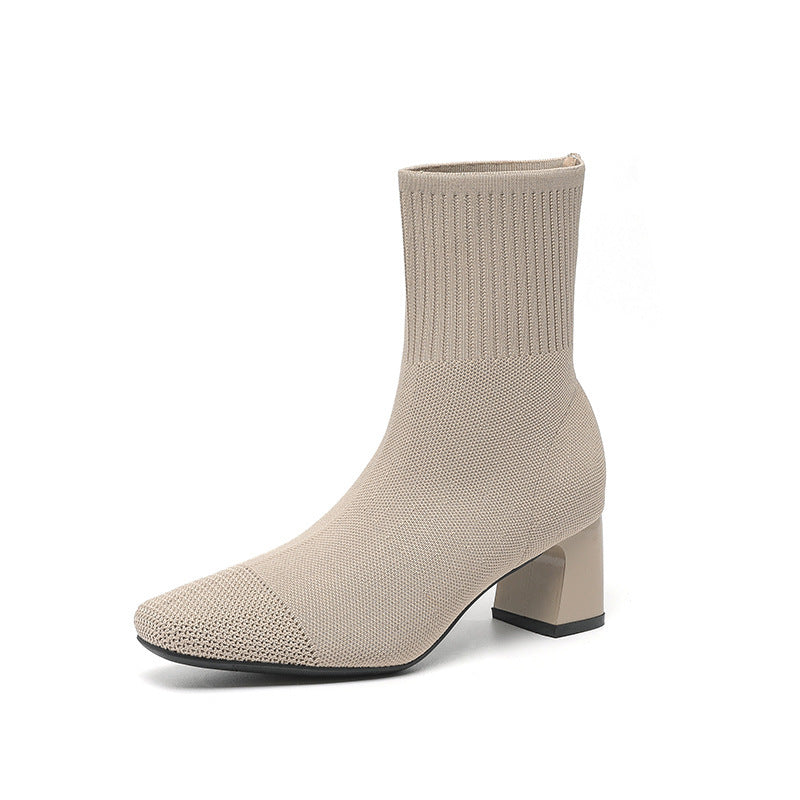 Bottes à talon épais élastiques en tricot