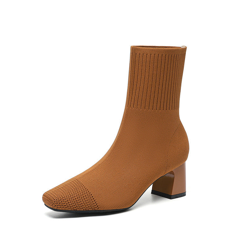 Bottes à talon épais élastiques en tricot
