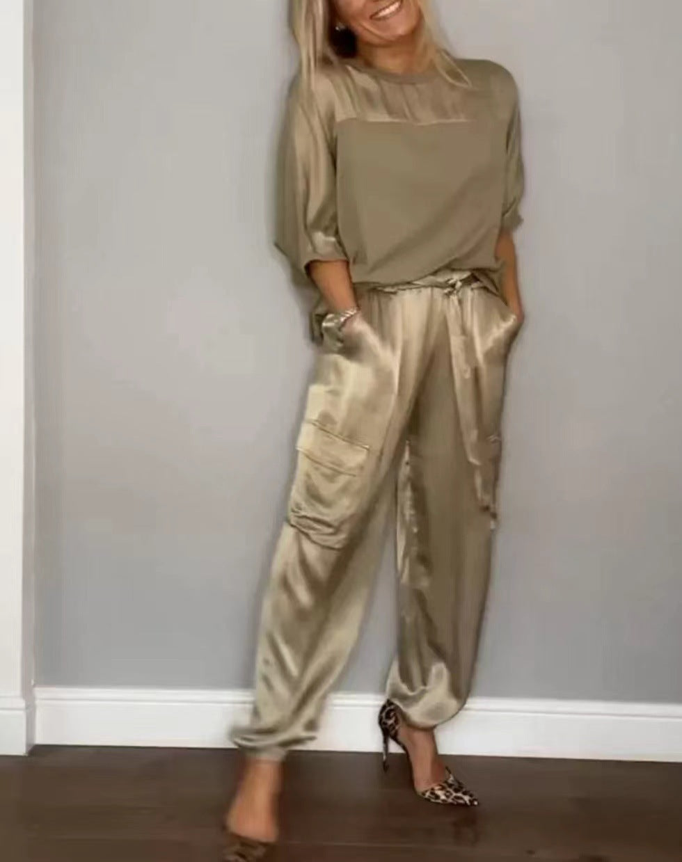 Ensemble Satin Lisse Femme - Pantalon Court Décontracté
