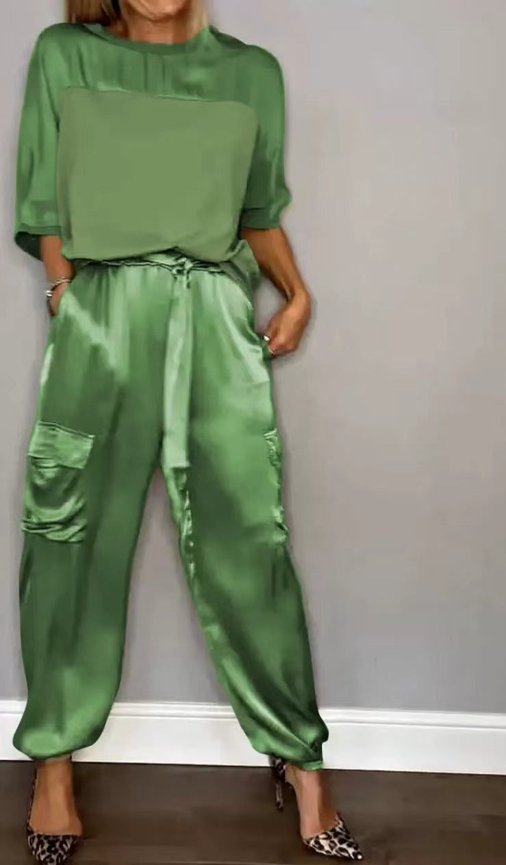 Ensemble Satin Lisse Femme - Pantalon Court Décontracté