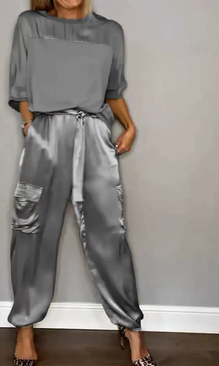 Ensemble Satin Lisse Femme - Pantalon Court Décontracté
