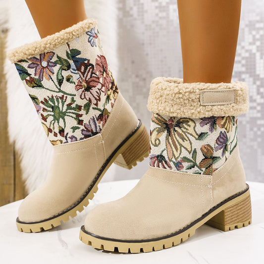 Bottes d'hiver en coton pour femmes, ethniques, brodées, plateforme, mi-mollet.